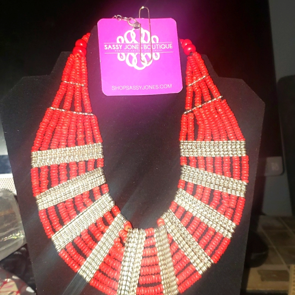 Sassy Jones Boutique Red/Silver Tribal Beaded Necklace